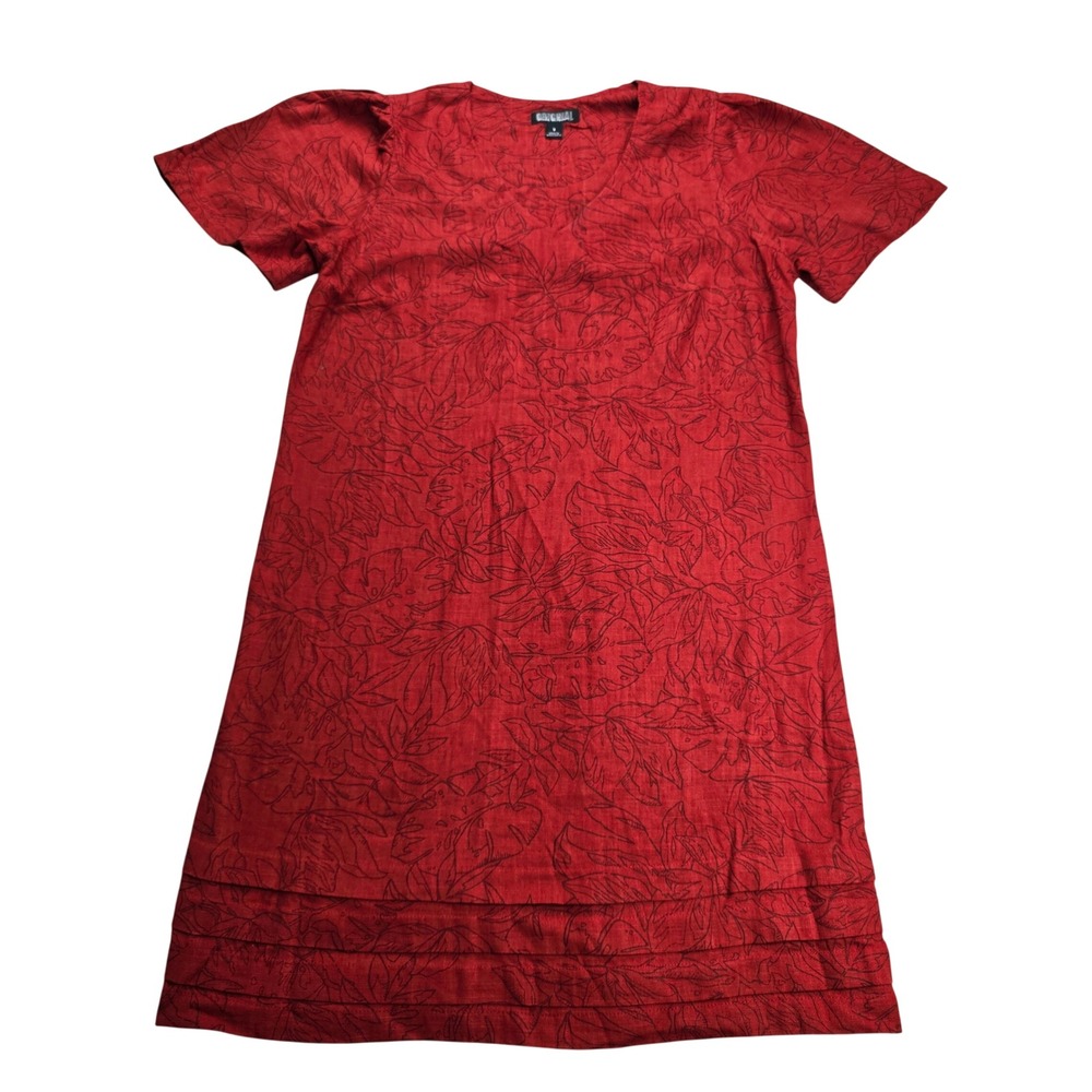 Nicole Miller Original Shift Dress Womens S Red Linen Blend Tropical Leaf Print